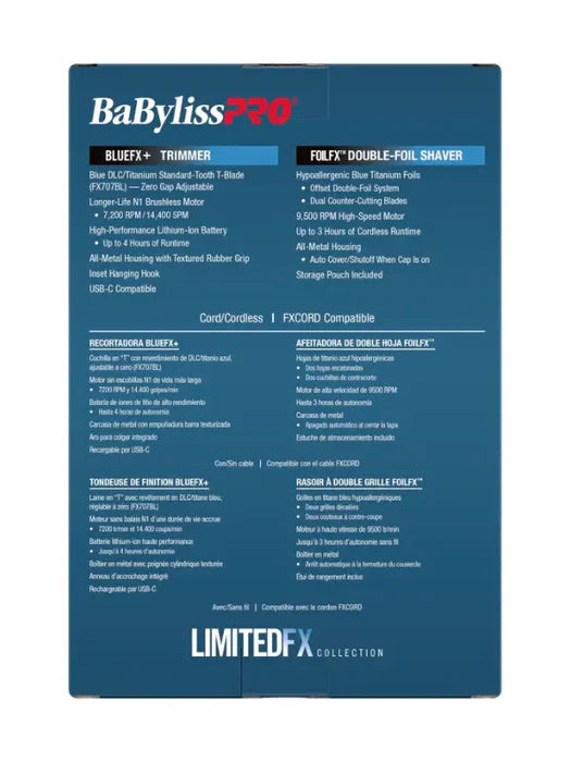 BaBylissPRO Limited FX Black & Blue Trimmer & Shaver Duo – Cordless N1 Brushless Motor, 4 Hr Runtime, Blue DLC Blades & Titanium Foils