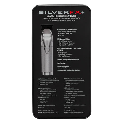 BaBylissPRO® SilverFX+ Cordless Outlining Trimmer – Black Graphite T-Blade, 4-Hour Runtime, USB-C Charging (FX787NS)