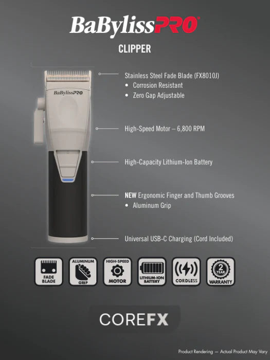 BaBylissPRO™ CoreFX Cordless Clipper (FX86) — Brushless Pro Motor, Zero-Gap Precision