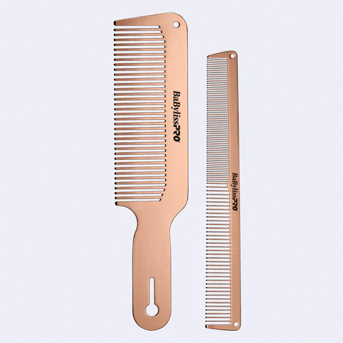 BaBylissPRO RoseFX Metal Barber Comb Set (2pc) – Rose Gold Clipper & Cutting Combs for Elite Barbers and Stylists