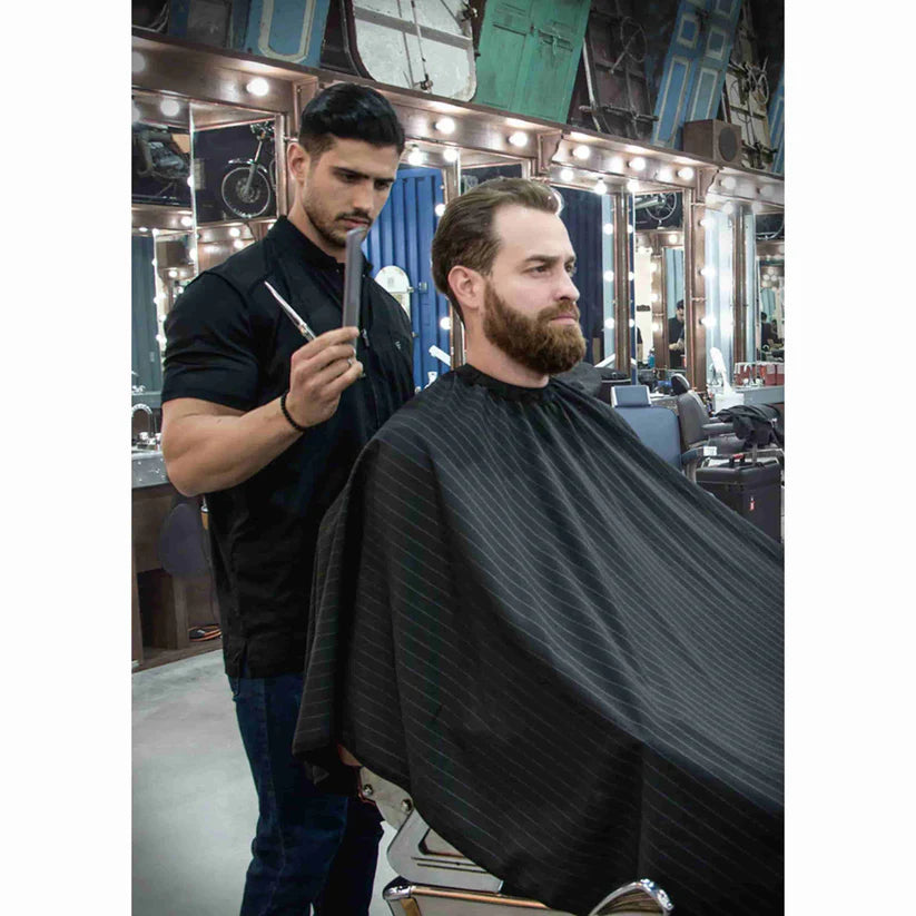 Barber Strong™ Classic Barber Cape – Black/White Pinstripe | NanoShield Anti-Static Cutting Cape for Professional Barbers