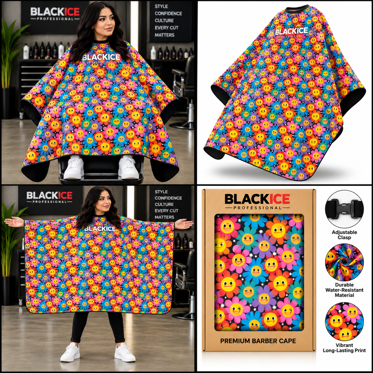 Black Ice Cutting Cape- Smiley Face Flowers