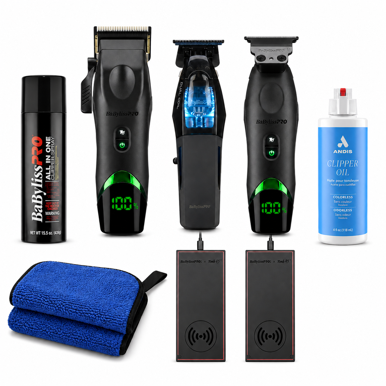 Bundle King Power Hitter Station Kit | BaBylissPRO x Tomb45 Clipper & Trimmer Combo with Dual-Coil Trimmer, 2 Charging Pads, Spray, Oil & Towel