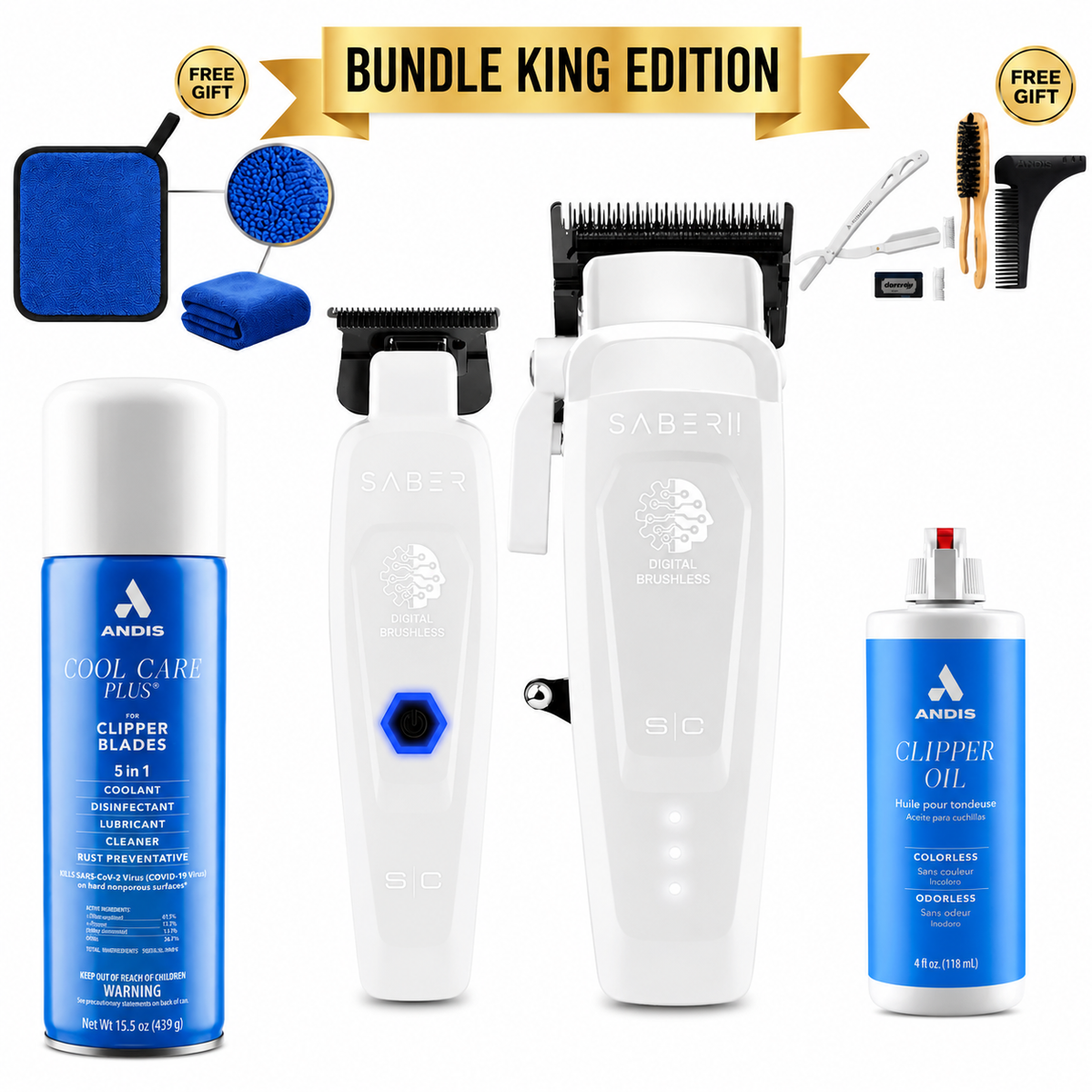 StyleCraft Saber White Professional Duo โ Limited Edition White Clipper & Trimmer + Complete Maintenance Kit | 2 FREE Gifts + FREE Shipping | Bundle King Edition