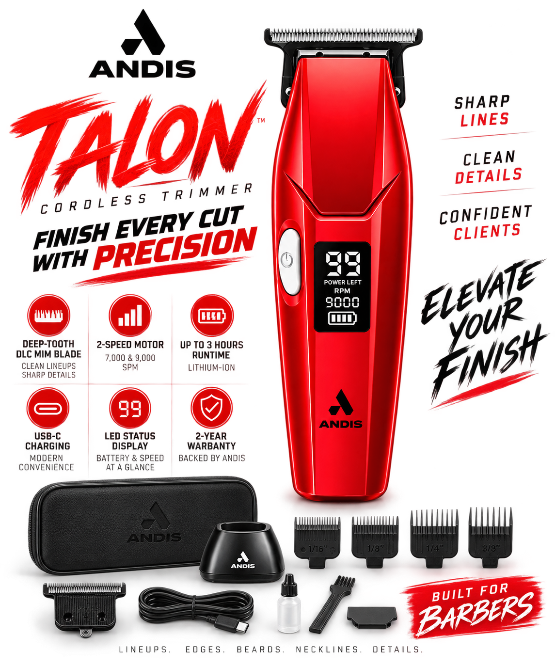 Andis Talon Cordless Trimmer β 2-Speed DLC Deep-Tooth Blade