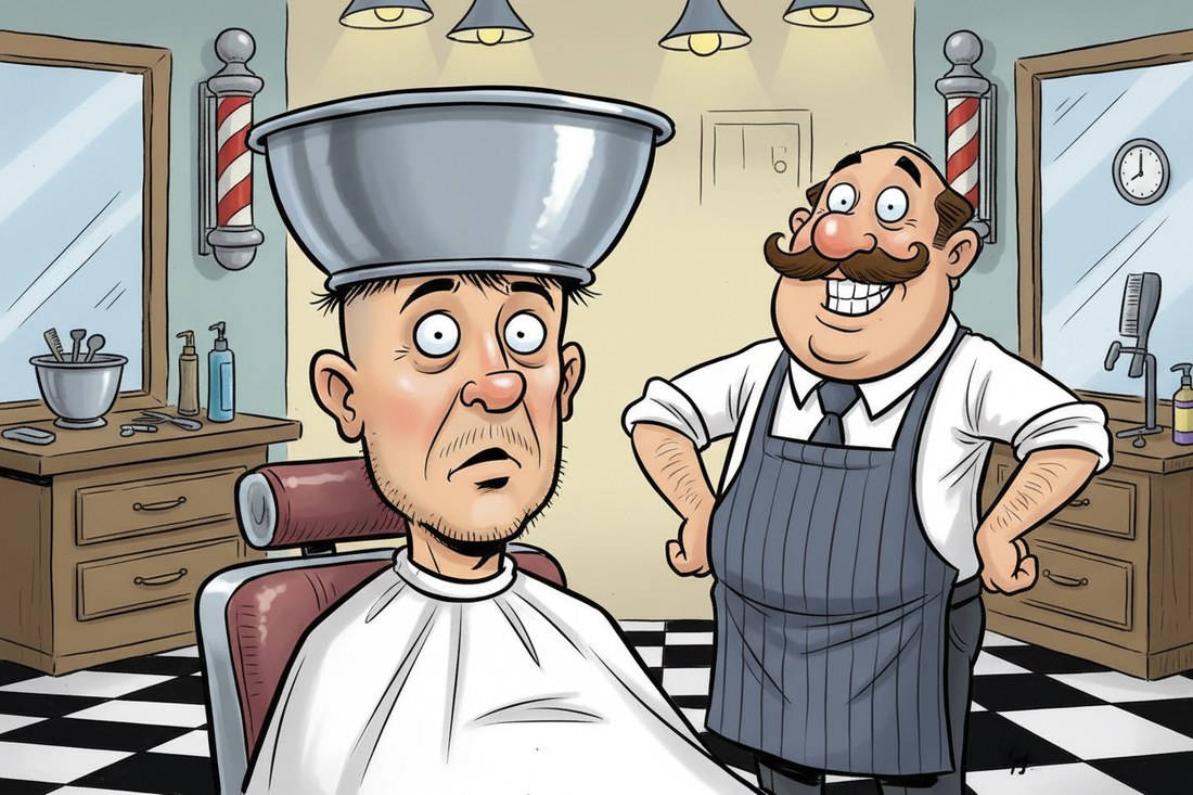 Cartoon of a barber cutting around a bowl on a client's head — the classic Timmy fade fail