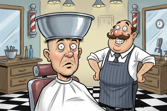 Cartoon of a barber cutting around a bowl on a client's head — the classic Timmy fade fail