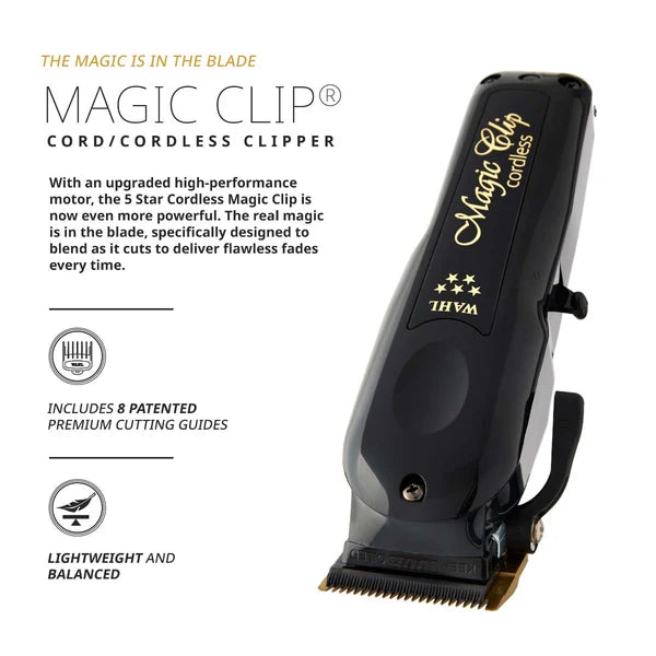 Wahl™ 5 Star Magic Clip Black Cordless Clipper – DLC/Titanium Stagger-Tooth Fade Machine for Blending, Bulk Removal & All-Texture Cutting