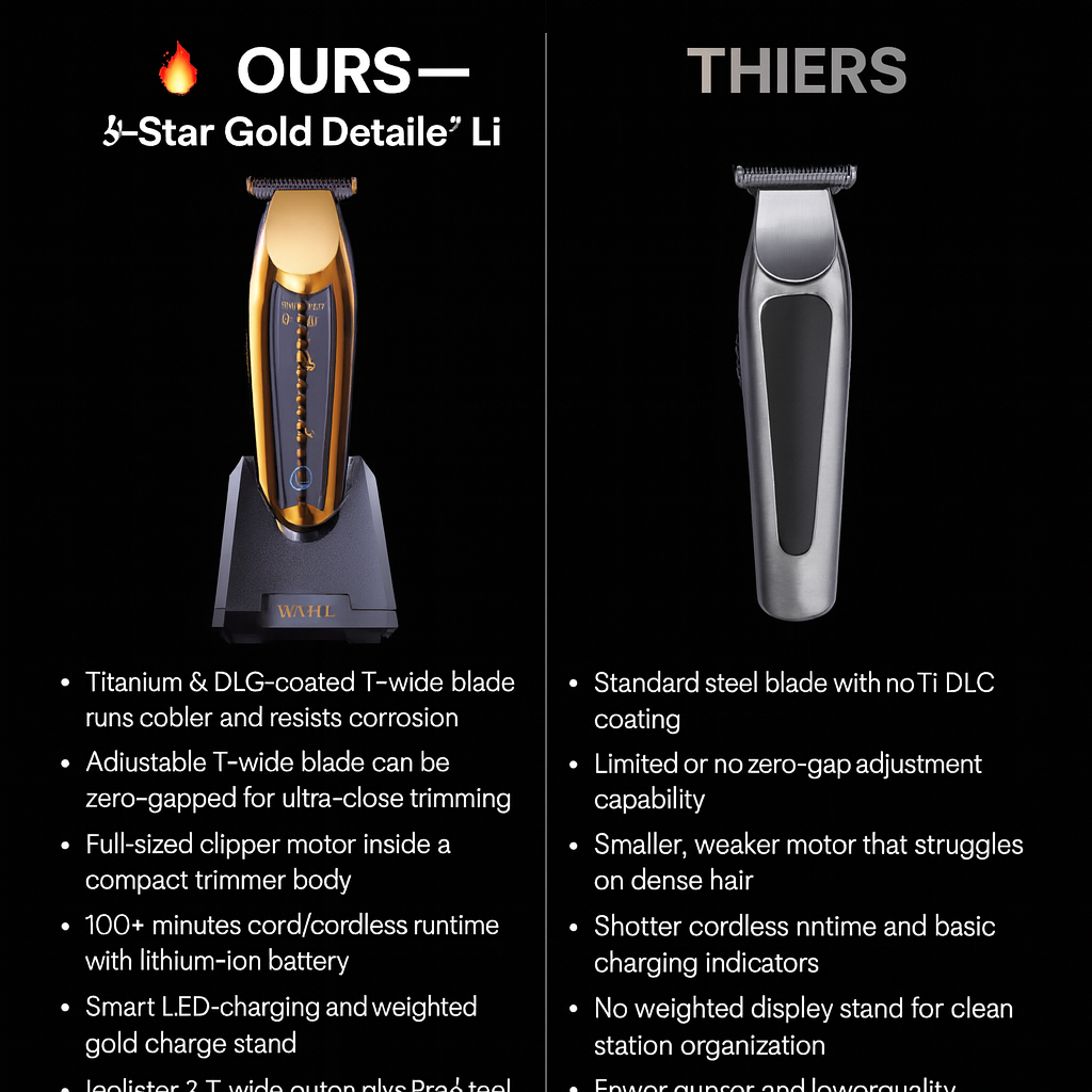 Wahl 5-Star Gold Cordless Detailer Li Trimmer (8171-700) – DLC Titanium T-Wide Zero-Gap Liner for Precision Detailing(8171-700)