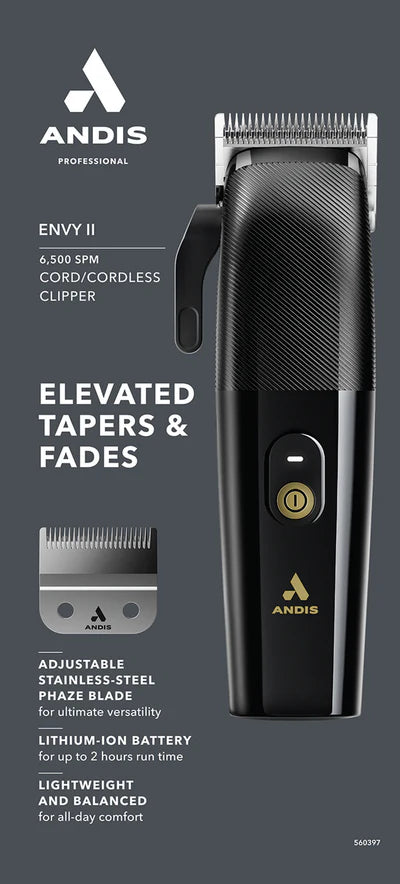 Andis™ Envy II Cord/Cordless Clipper — Phaze Blade, 2hr Li-ion Battery (Black) — 560397