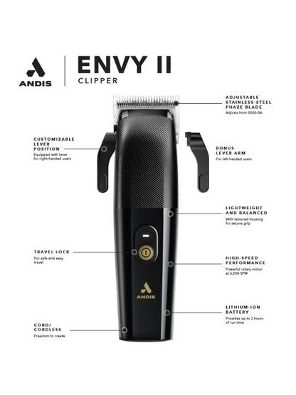 Andis™ Envy II Cord/Cordless Clipper — Phaze Blade, 2hr Li-ion Battery (Black) — 560397
