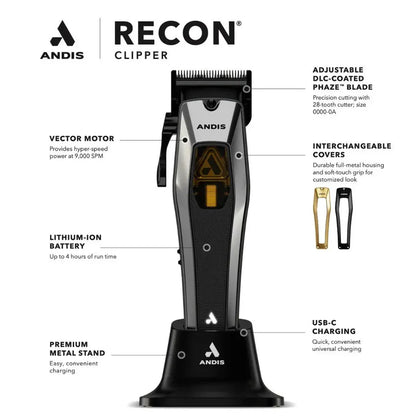 Andis RECON™ Vector Motor Cordless Clipper — 9,000 SPM, Phaze Blade, USB-C, 4hr Runtime