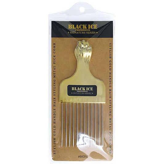 Gold hair pick with 'Black Ice' branding in packaging on a white background