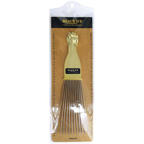 Gold handle hair styling comb in packaging with 'Black Ice' branding.