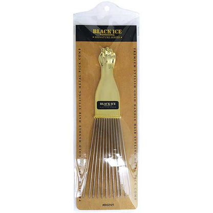 Gold handle hair styling comb in packaging with 'Black Ice' branding.