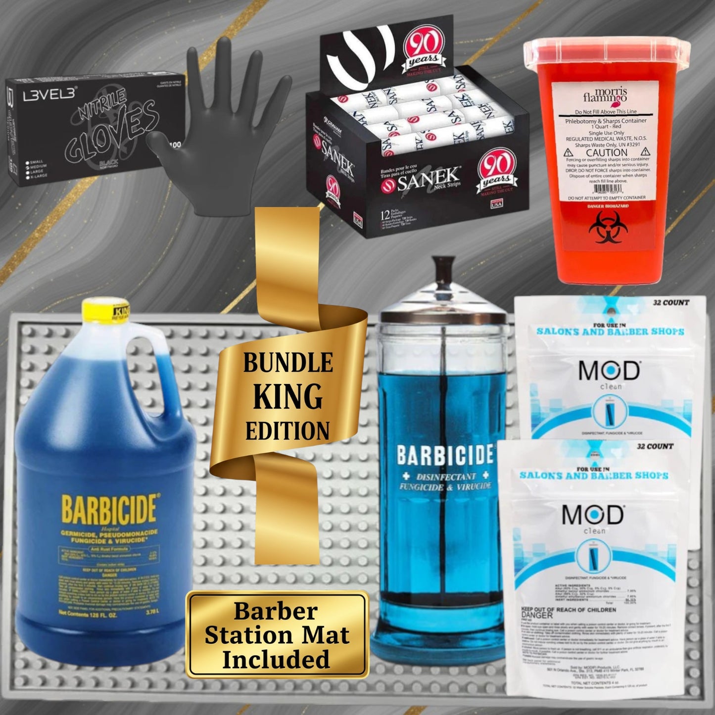 BK Complete Sanitation System – Barbicide Gallon, MOD Clean 2x Pack, Station Mat & Neck Strips | Bundle King