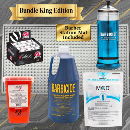 BK Pro Station Clean Kit – Barbicide Half Gallon, Disinfectant Jar, MOD Clean, Barber Works Station Mat & Neck Strips | Bundle King