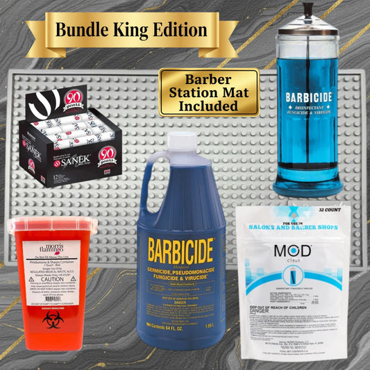BK Pro Station Clean Kit – Barbicide Half Gallon, Disinfectant Jar, MOD Clean, Barber Works Station Mat & Neck Strips | Bundle King
