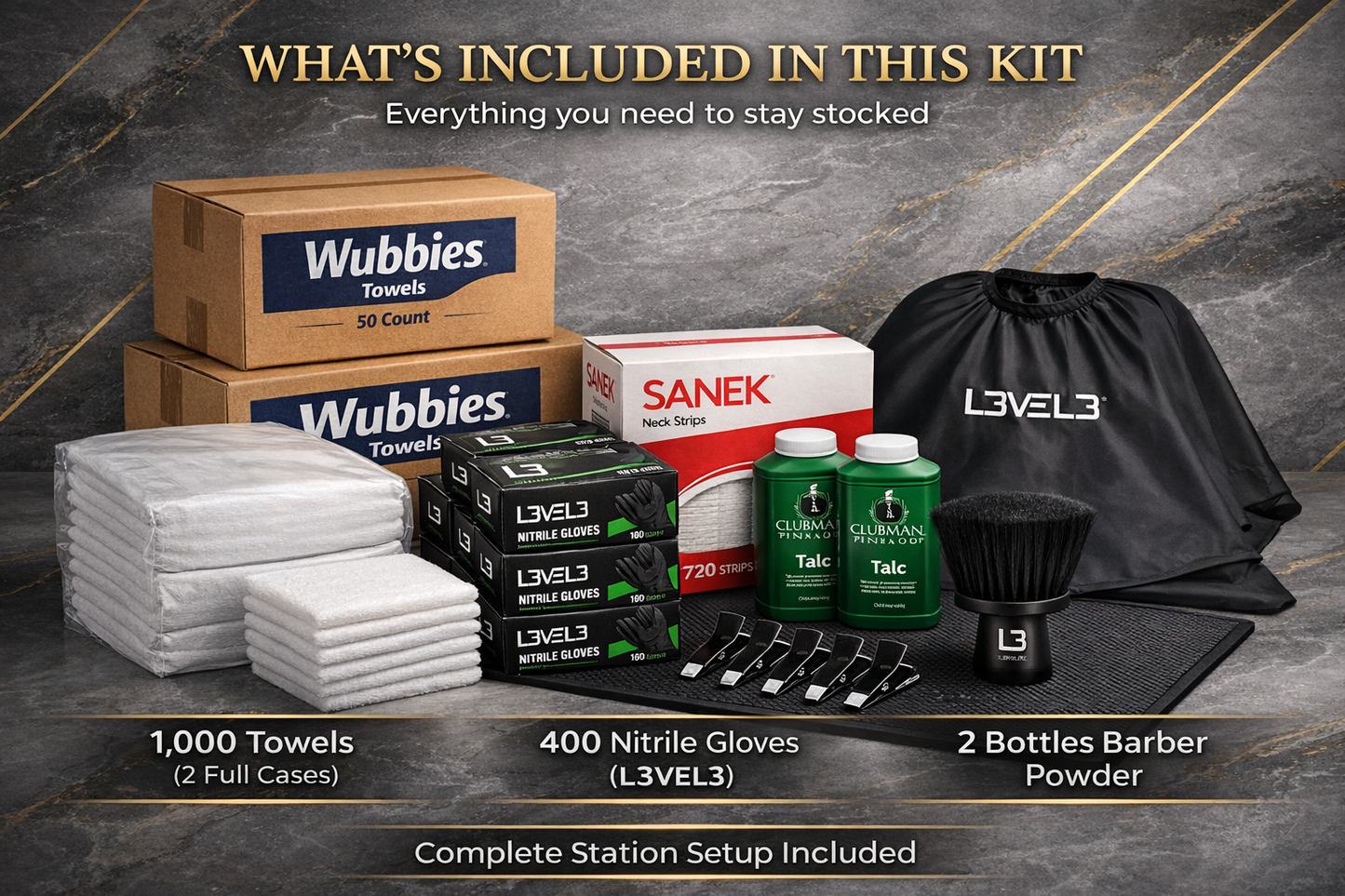 BK Ultimate Service Restock – Wubbies Towels, L3VEL3 & Rolda Gloves, SANEK Neck Strips, Cape & Clips | Quarterly Subscription | Bundle King