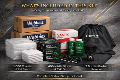 BK Ultimate Service Restock – Wubbies Towels, L3VEL3 & Rolda Gloves, SANEK Neck Strips, Cape & Clips | Quarterly Subscription | Bundle King
