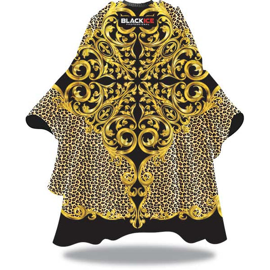 Decorative hair cape with black and gold patterns on a white background