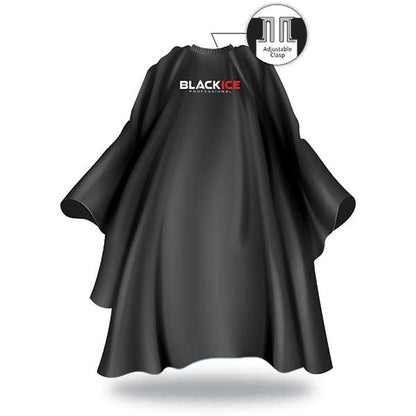 Black hairdressing cape with 'BLACKICE' branding on a white background