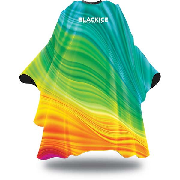 Colorful hairdressing cape with Black Ice logo on a white background