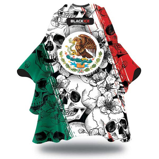 Colorful graphic t-shirt with skull design and Mexican flag emblem on a white background