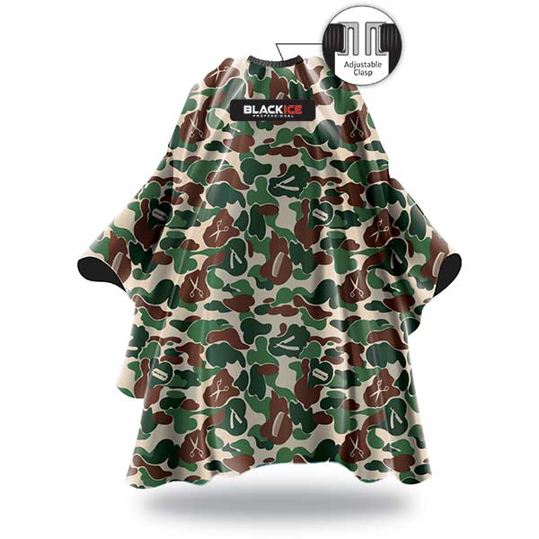Camouflage-patterned poncho with 'Black Ice' branding on a white background