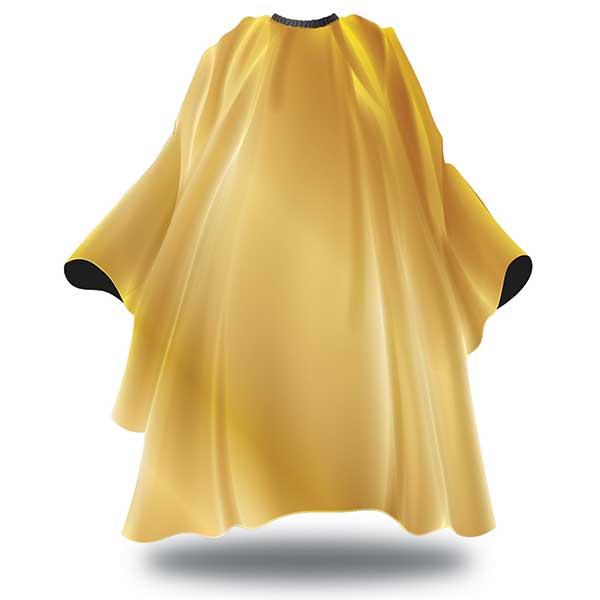 Yellow barber cape with black trim on a white background