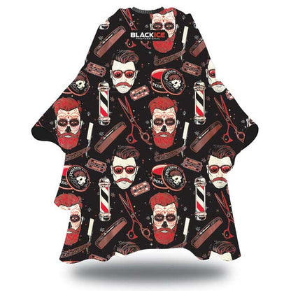 Black shirt with red and white graphic designs on a white background