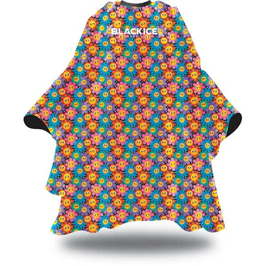 Colorful hairdressing cape with emoji pattern on a white background