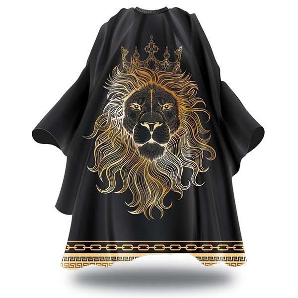 Black barber cape with gold lion design on a white background