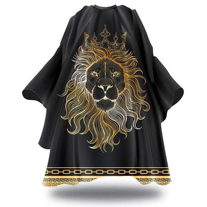 Black barber cape with gold lion design on a white background