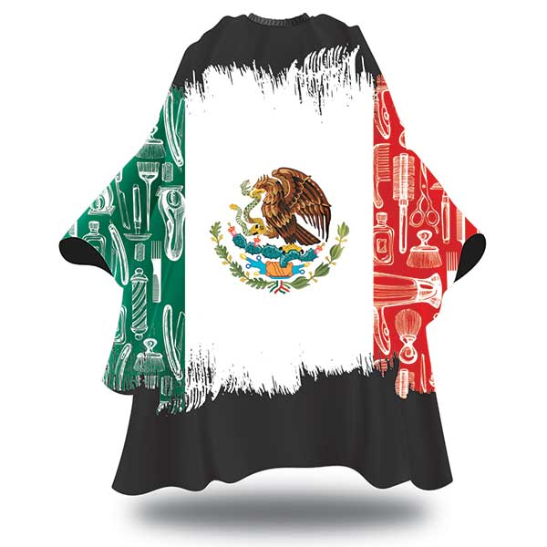 Barber cape with Mexican flag design and barbershop-themed patterns