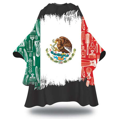 Barber cape with Mexican flag design and barbershop-themed patterns