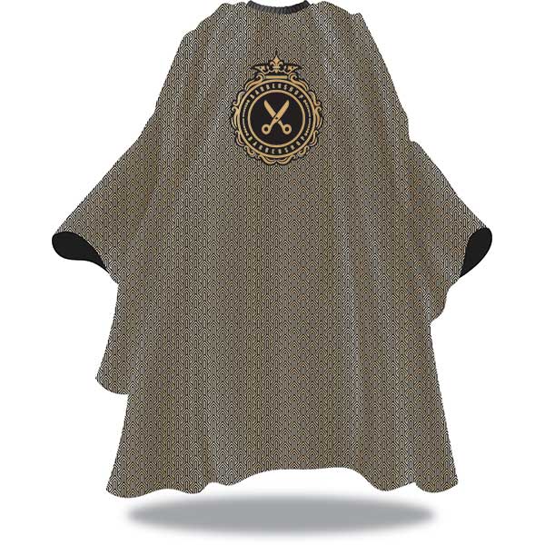 Gray barber cape with a logo on the back on a white background