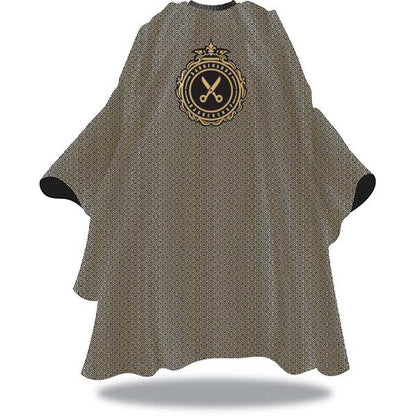 Gray barber cape with a logo on the back on a white background