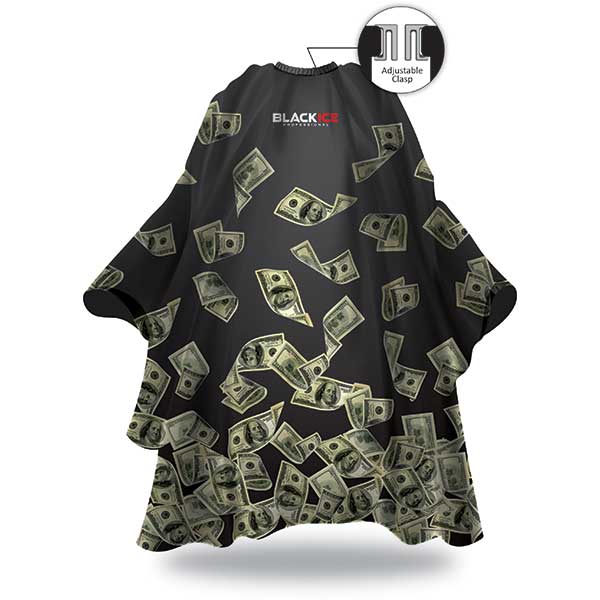 Black barber cape with money bill pattern on a white background