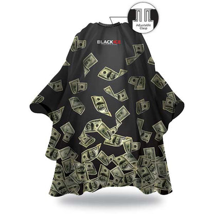 Black barber cape with money bill pattern on a white background