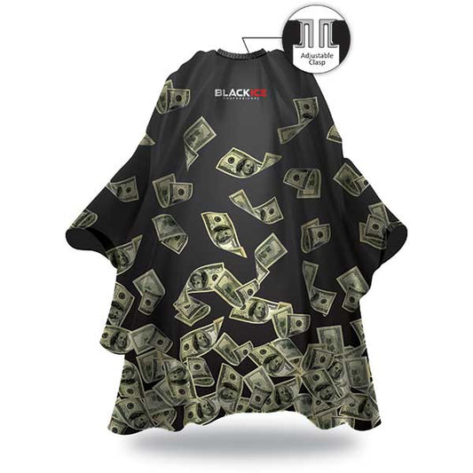 Black barber cape with money bill pattern on a white background