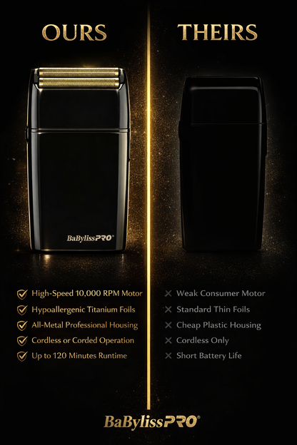 BaBylissPRO BlackFX Double Foil Shaver FXFS2B – Cordless Professional Barber Foil Shaver with Titanium Hypoallergenic Foils & Metal Housing