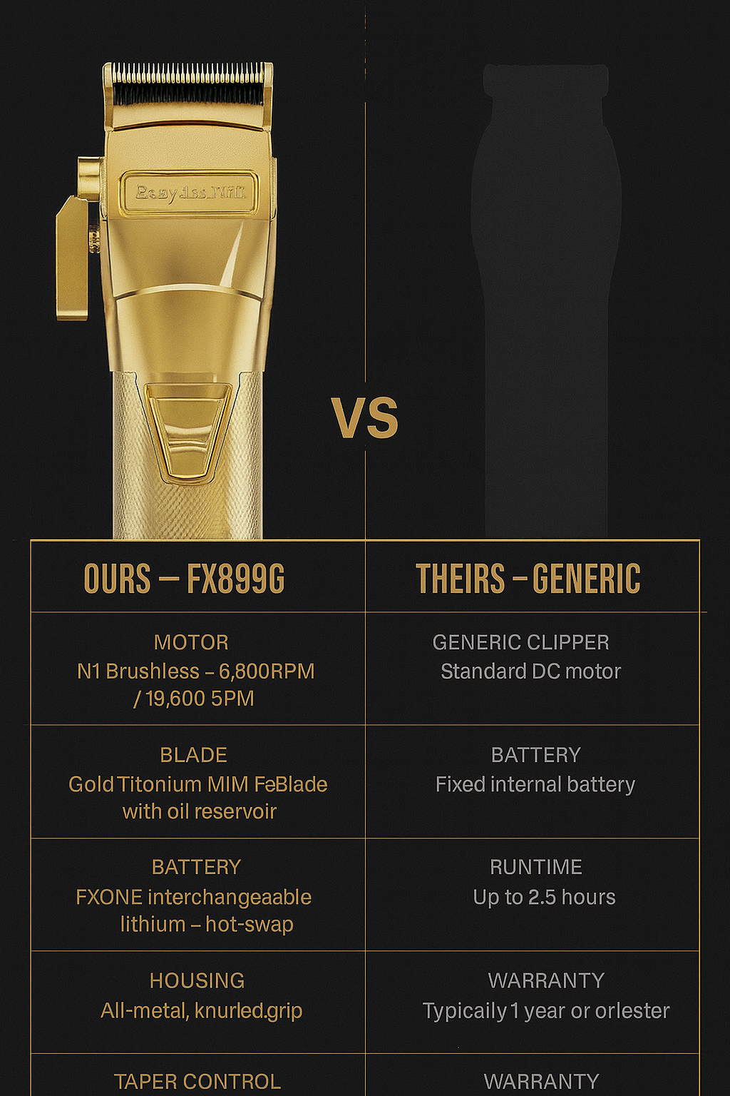 BaBylissPRO FXONE GOLDFX All-Metal Interchangeable-Battery Cordless Clipper (FX899G)