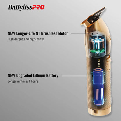 BaBylissPRO GoldFX+ Outlining Cordless Trimmer (FX787NG) – DLC/Titanium T-Blade, 7,200 RPM N1 Brushless Motor, 4-Hour Runtime, USB-C Charging