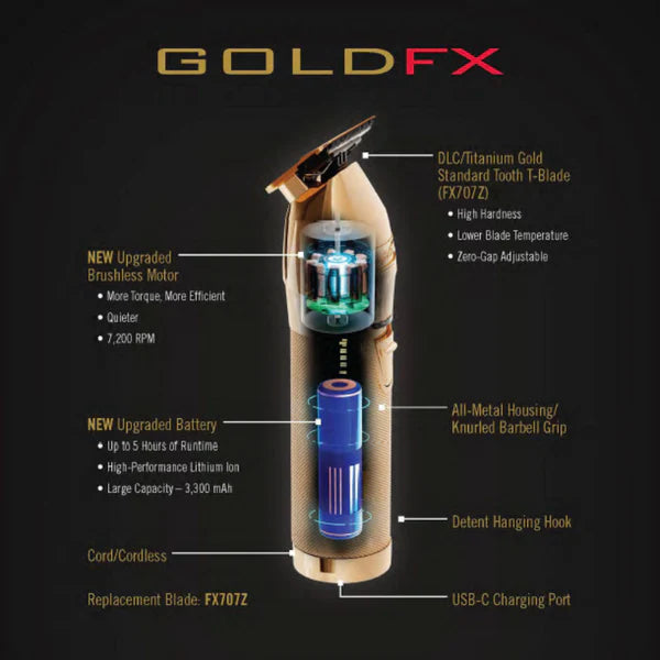 BaBylissPRO GoldFX+ Outlining Cordless Trimmer (FX787NG) – DLC/Titanium T-Blade, 7,200 RPM N1 Brushless Motor, 4-Hour Runtime, USB-C Charging