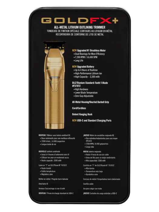 BaBylissPRO GoldFX+ Outlining Cordless Trimmer (FX787NG) – DLC/Titanium T-Blade, 7,200 RPM N1 Brushless Motor, 4-Hour Runtime, USB-C Charging