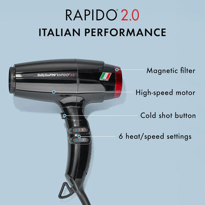BaBylissPRO™ Rapido 2.0 High-Speed Professional Hair Dryer – 2000W Italian Brushless Motor (BRAP2)