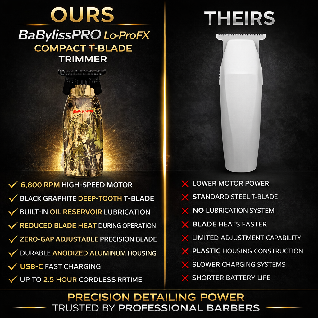 BaBylissPRO Lo-ProFX Compact Trimmer Camo FX72CAM – 6800 RPM Deep Tooth T-Blade Professional Barber Trimmer