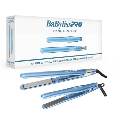 BaBylissPRO Nano Titanium Ultra-Sleek Flat Iron Value Set – 1" Full-Size & 3/4" Mini Straightening Irons for Smooth, Shiny Styling