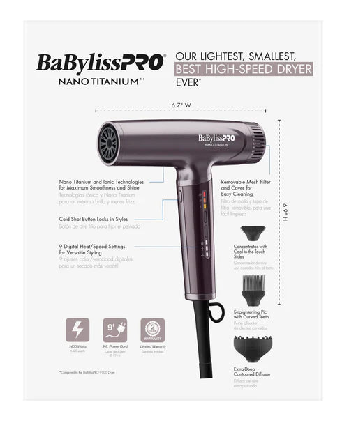 BaBylissPRO Nano Titanium Light Ionic High-Speed Hair Dryer (BNTC9200 Series)